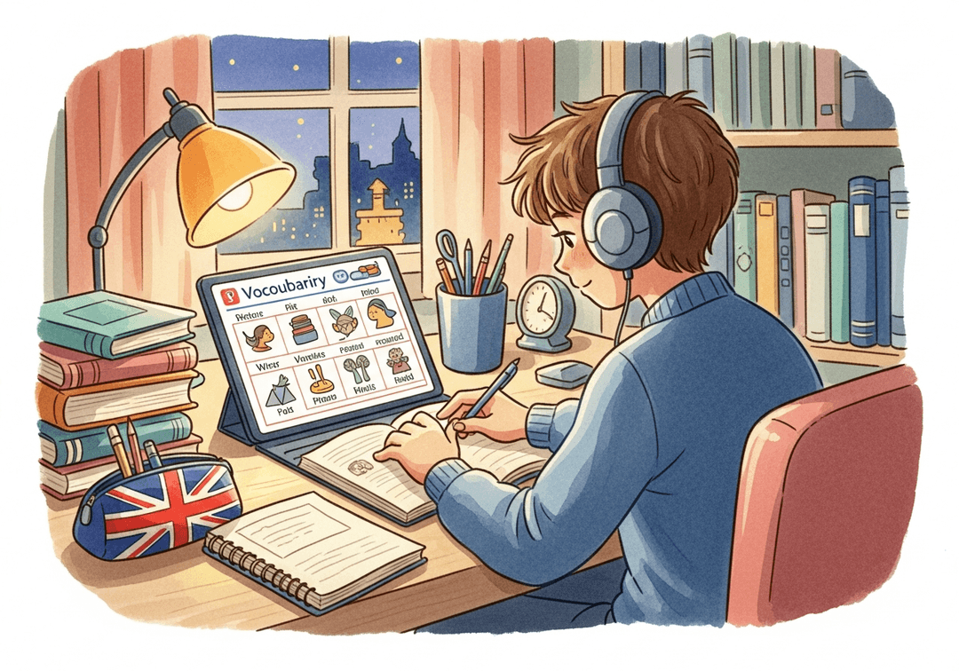 Student studying English on a tablet at home